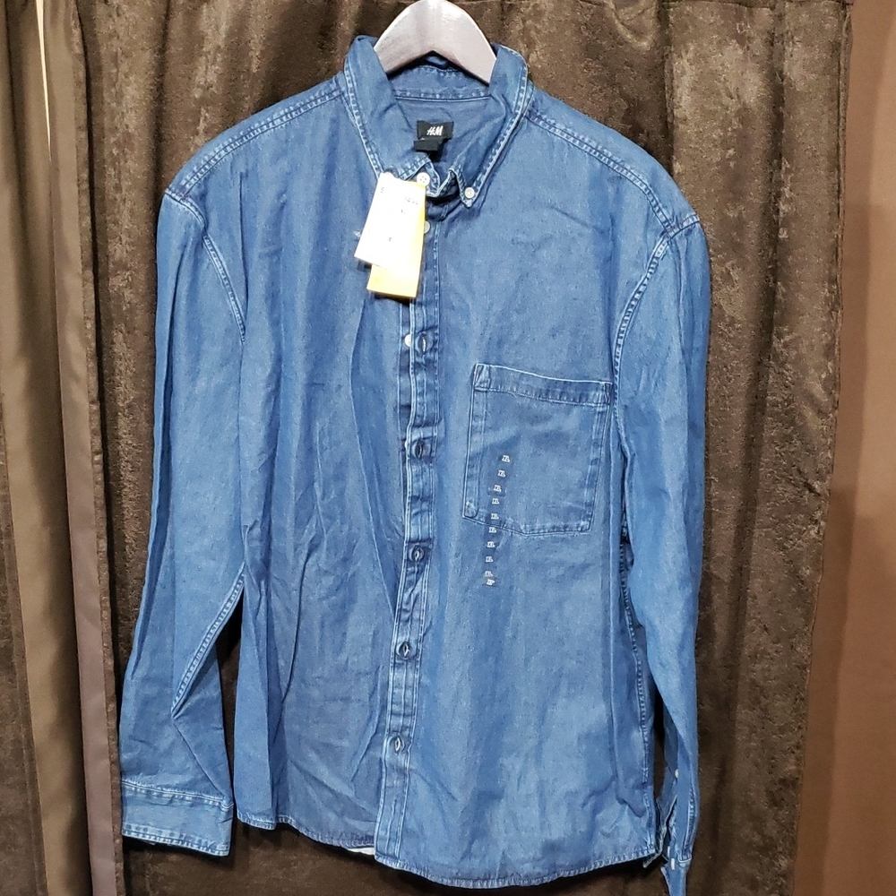 H&M Casual Blue Button Down Shirt Men's Size XL New Tags Business Denim Style